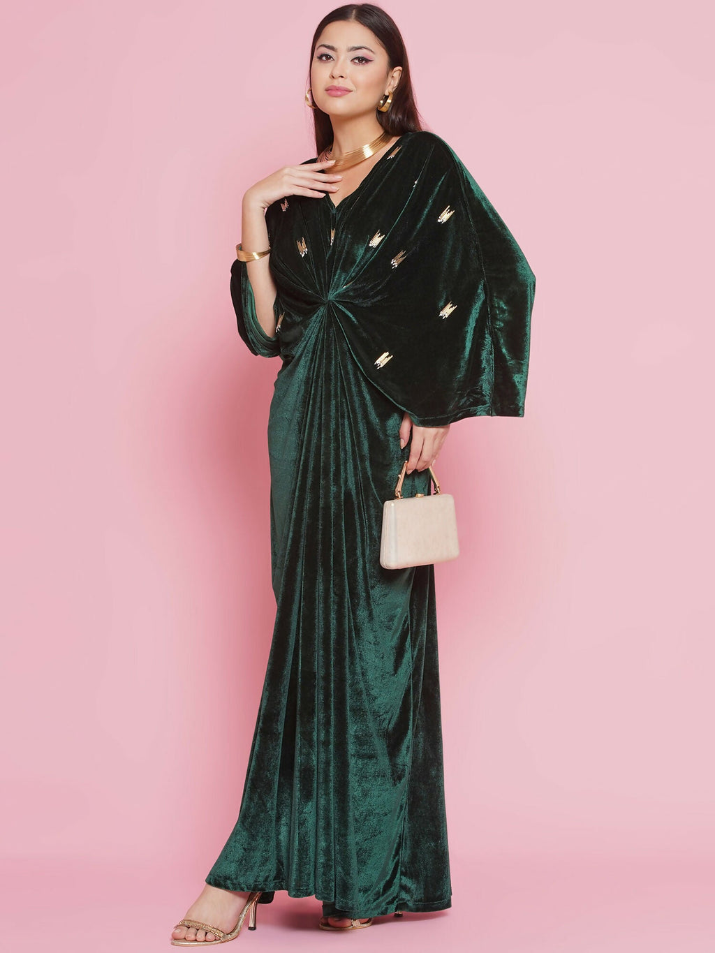 Green Velvet Hand Embellished Gown for Elegant Evening Occasions