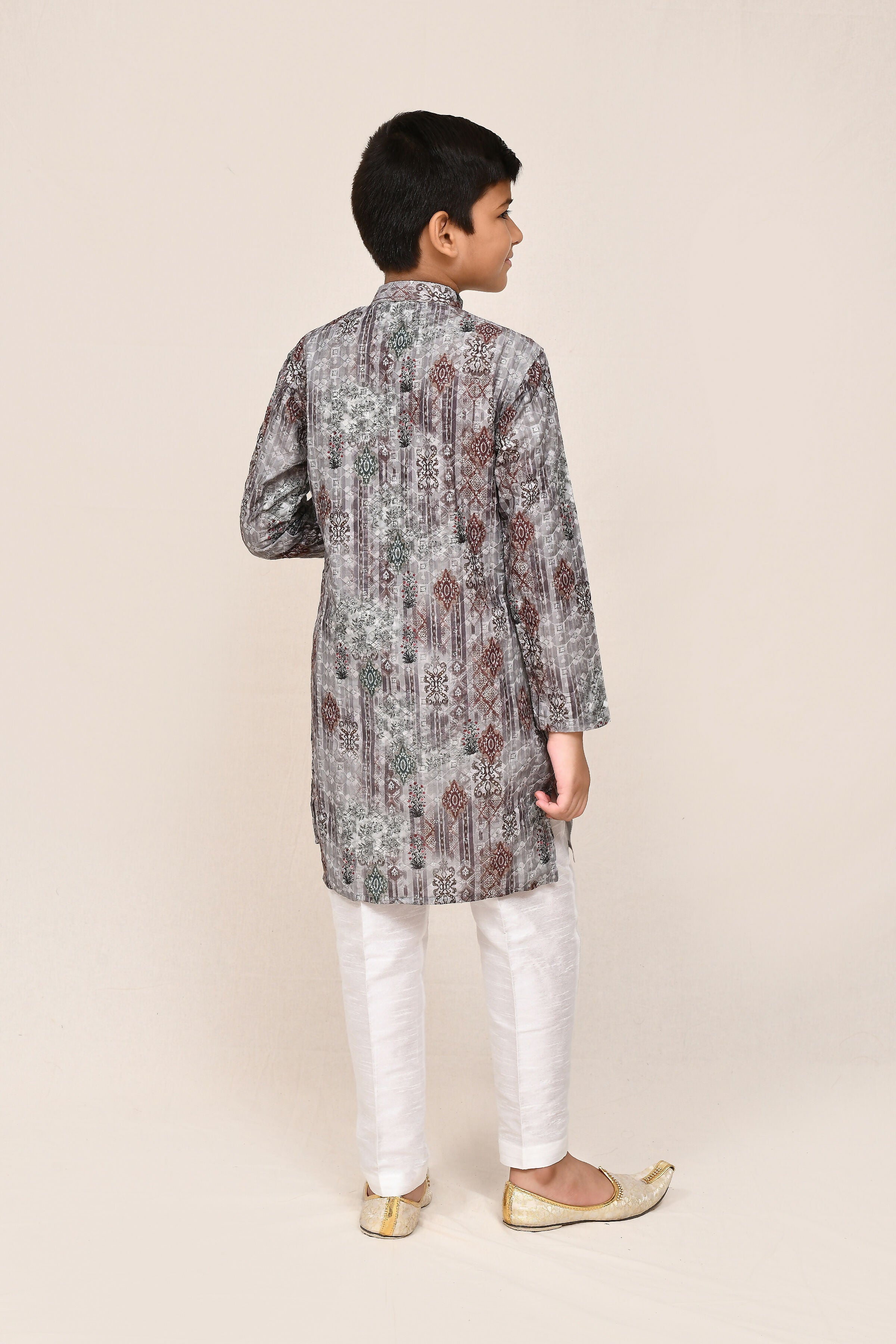 Kids Geometric Print Grey Cotton Silk Kurta and White Pants