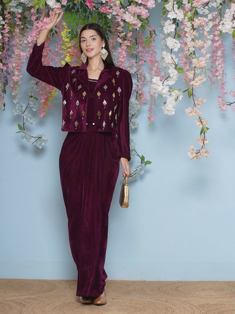 Joban Fashion Wine Hand Embellished Jacket with inner and skirt