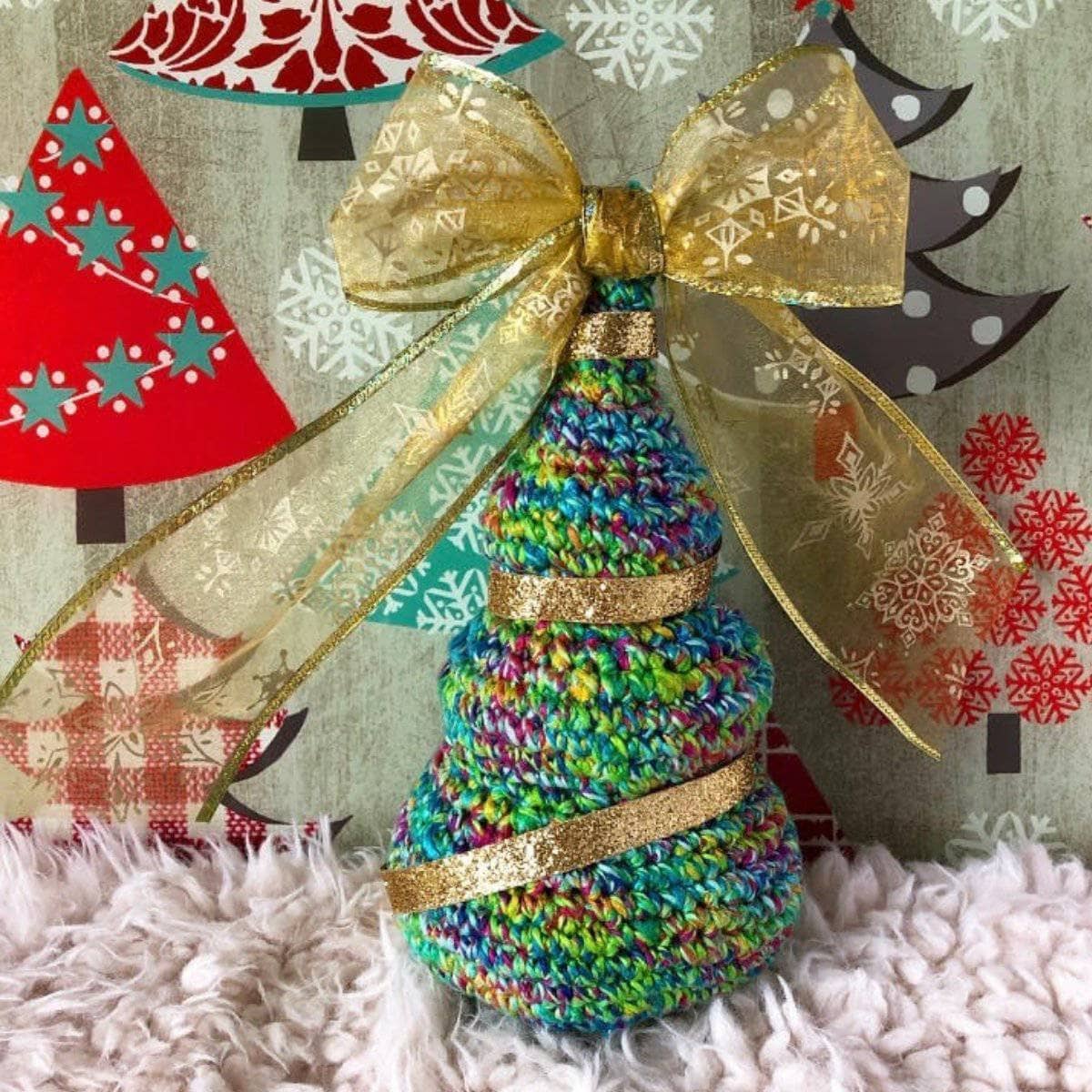 Finished O'Whimsical crochet Christmas tree display for the holidays.