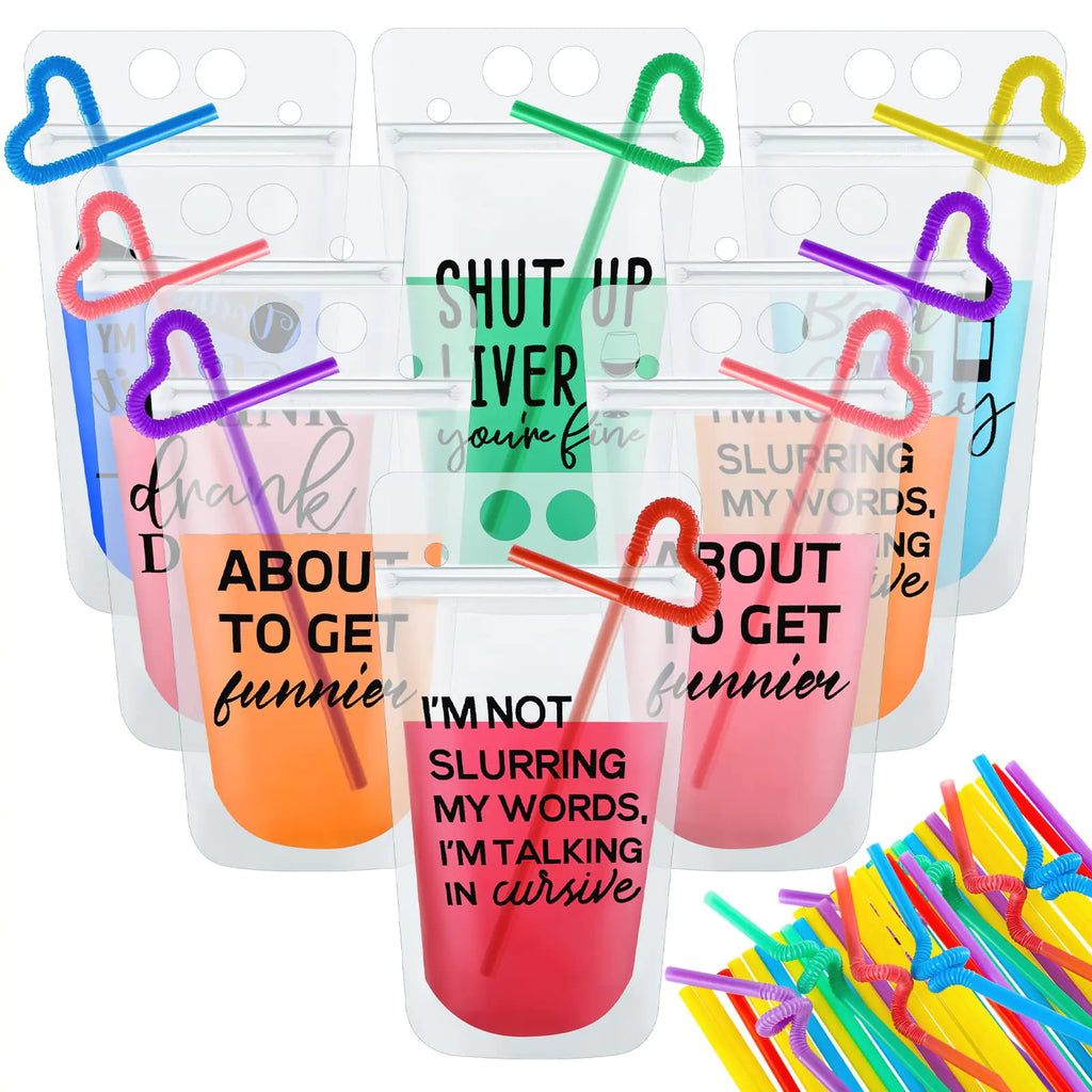 Patelai 24 Sets Drink Pouches with Straws Plastic Drink Bags with Reclosable Zipper Party Beverage Bags Juice Pouches for Adults(Black Letters)