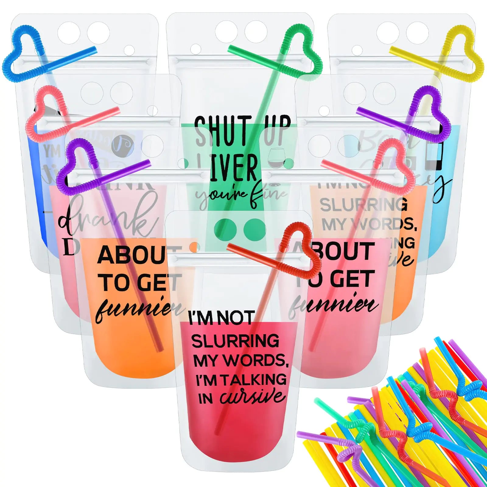 Patelai 24 Sets Drink Pouches with Straws Plastic Drink Bags with Reclosable Zipper Party Beverage Bags Juice Pouches for Adults(Black Letters)