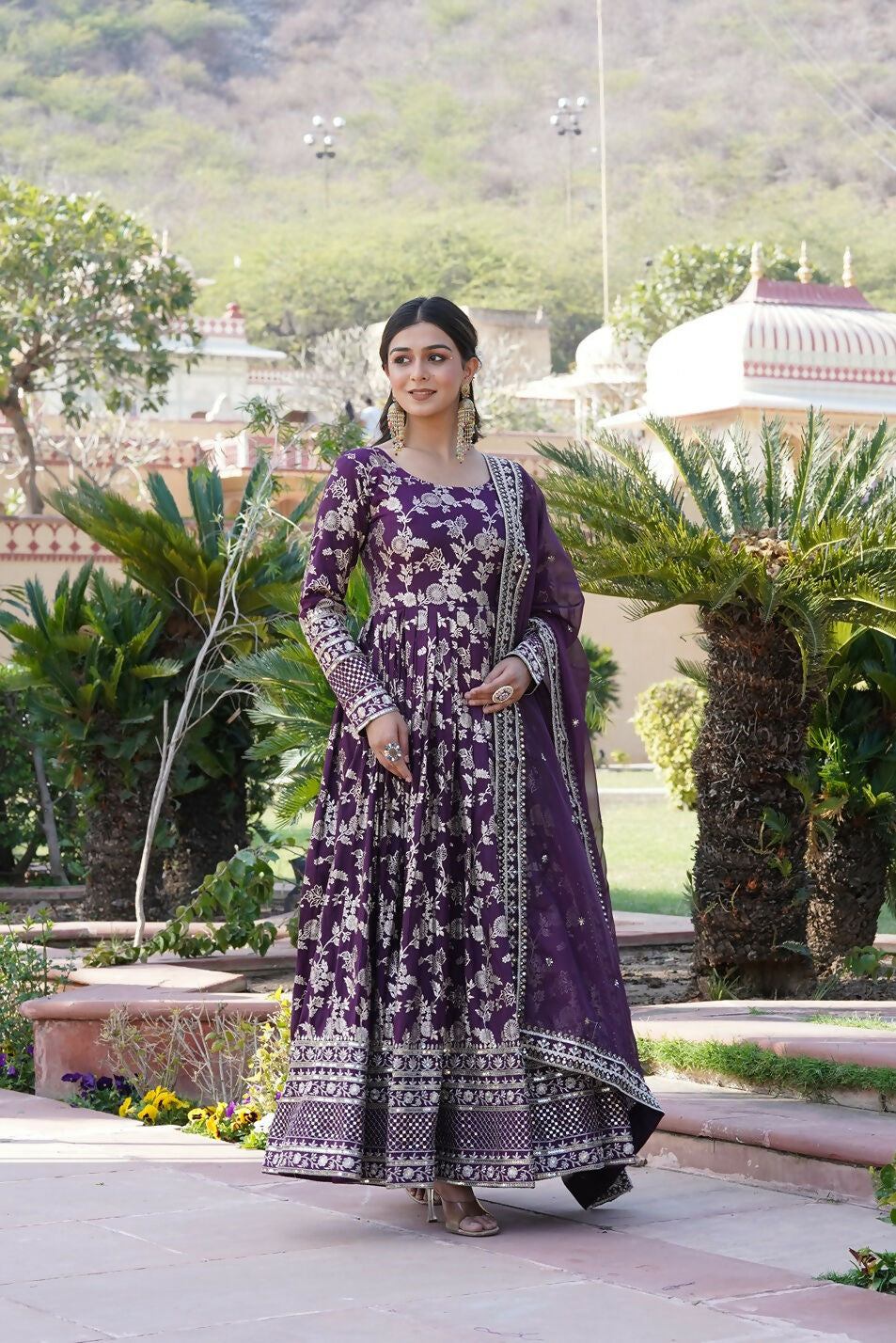 Wine Viscose Jacquard Kurta Set with Sequence Embroidery