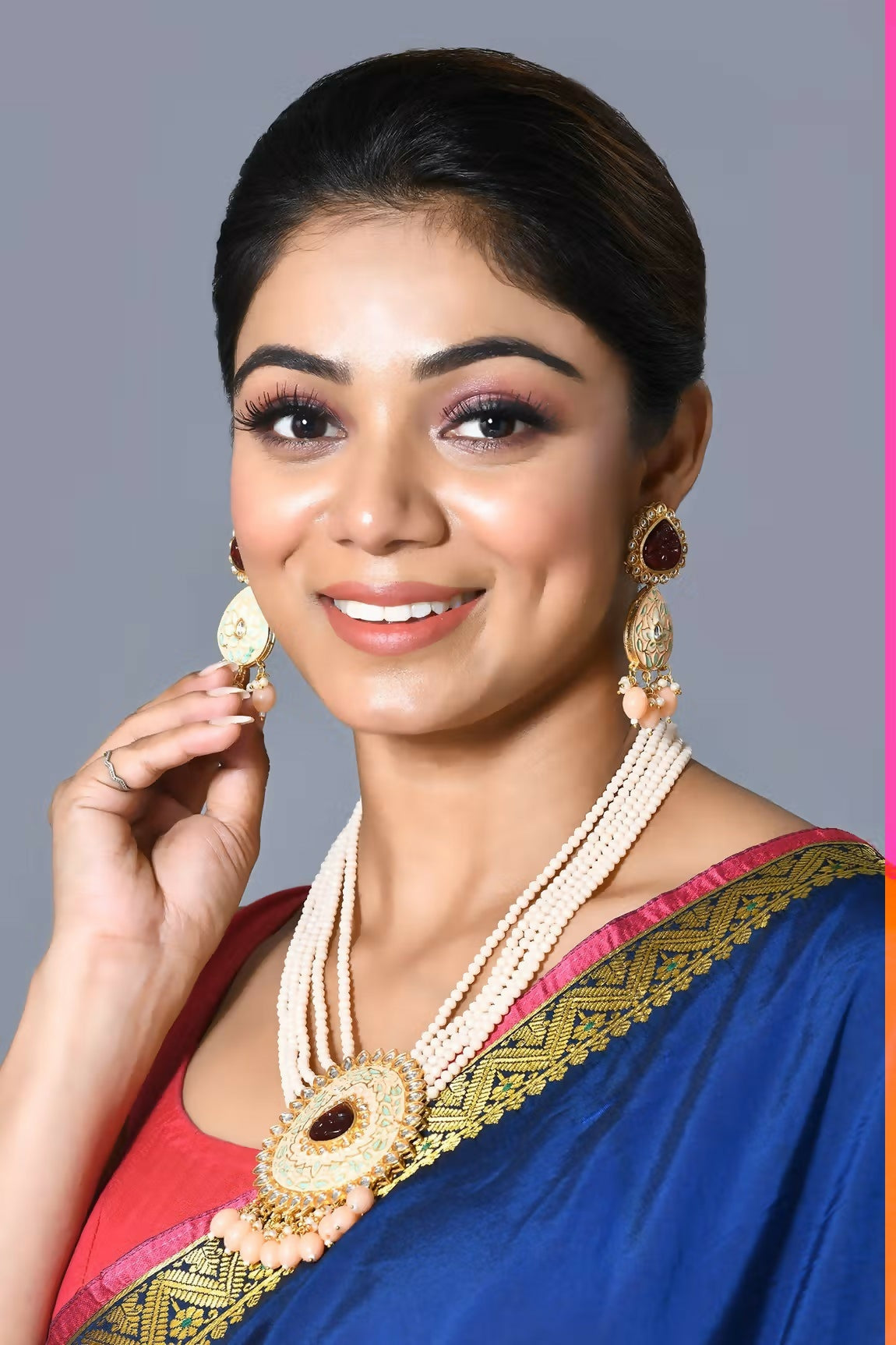 Golden Ruby Peach pendant set with Jadau Kundan and pearl detailing