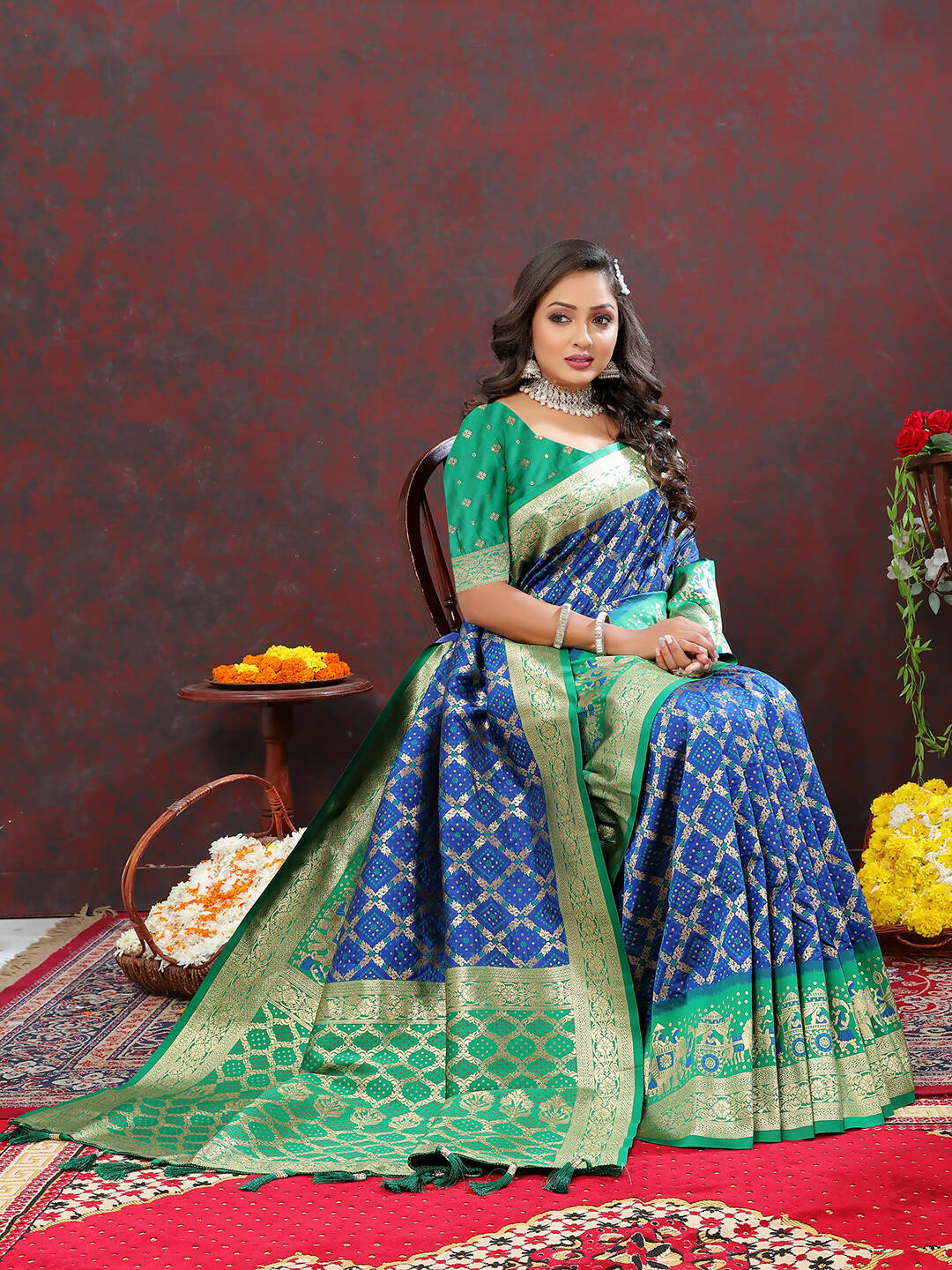 Blue & Green Patola Silk Saree with Meenakari Woven Design