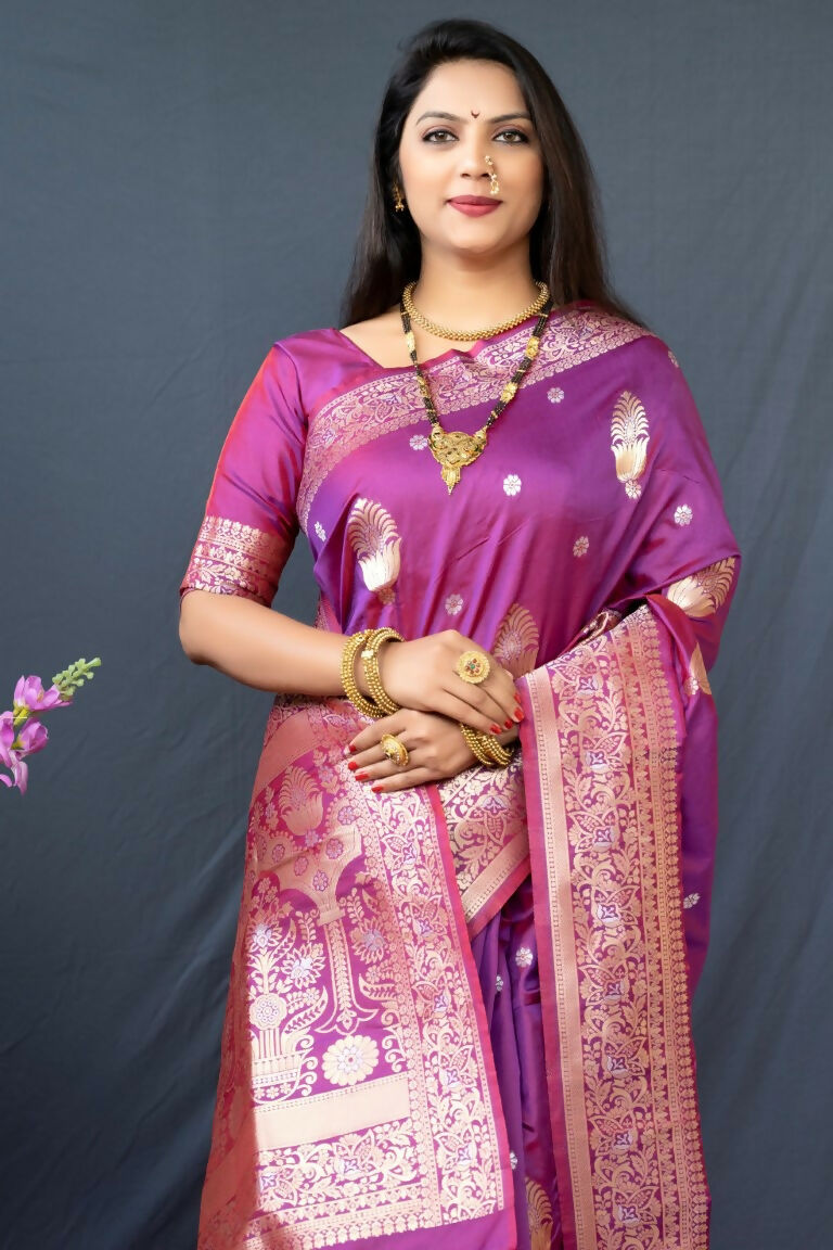 Purple Paithani Silk Zari Woven Saree with Matching Blouse Piece