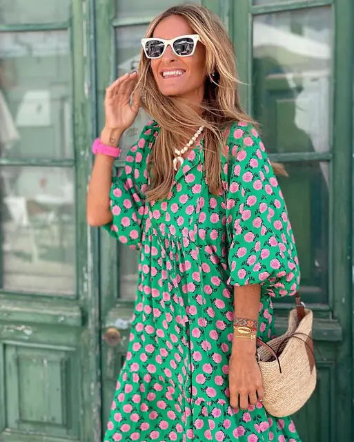 Women's Diamond Print Maxi Dress with V-Neck and Puff Sleeves - Image 24