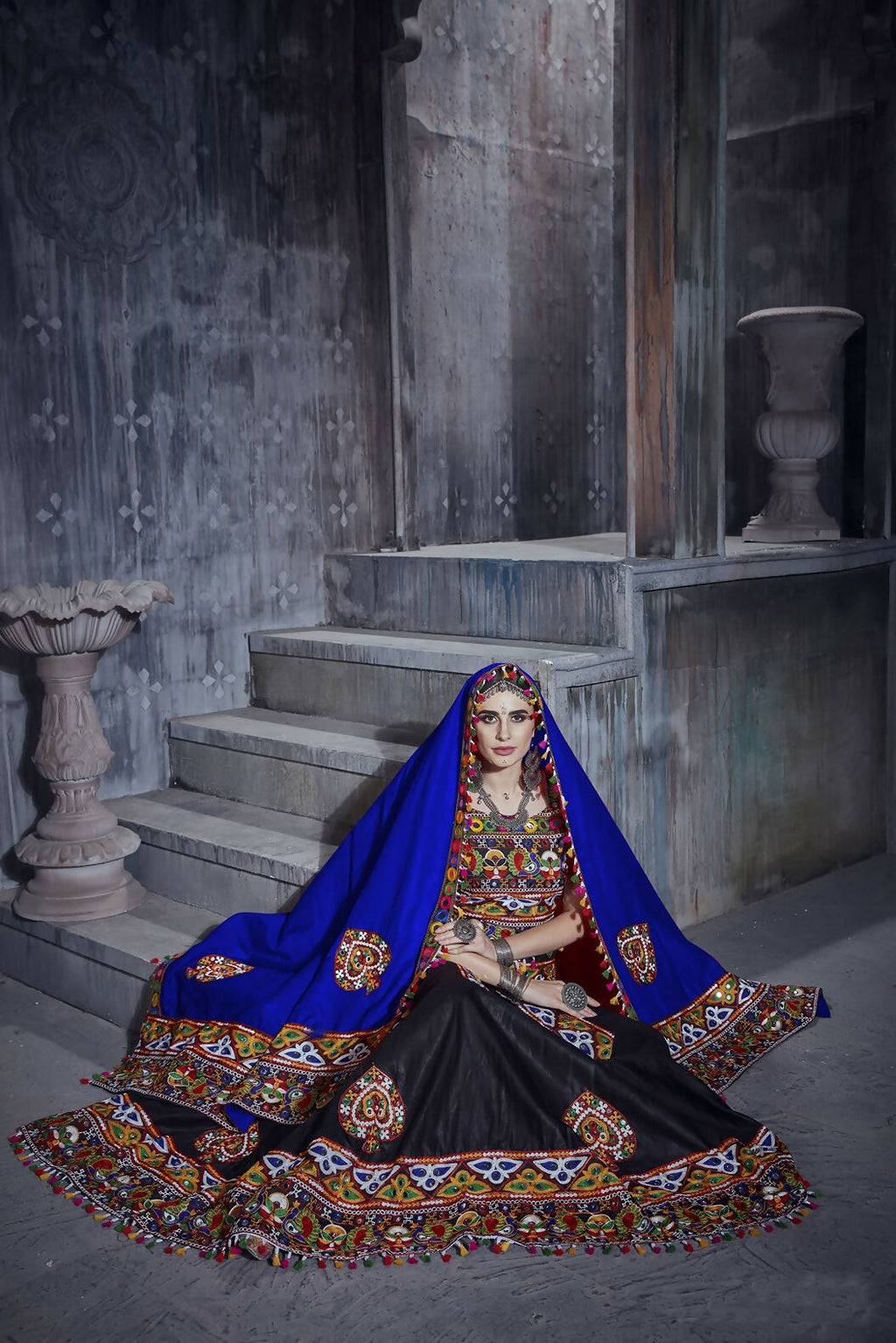 Black Art Silk Navratri Lehenga Choli with Blue Dupatta Accent