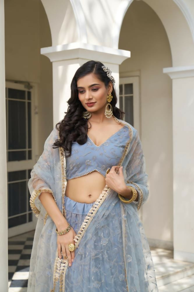 Light Blue Gray Butterfly Net Embroidered Wedding Lehenga Choli