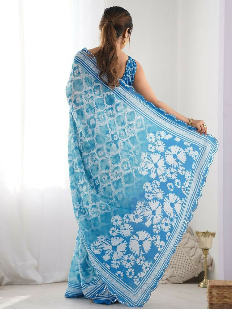 Sky Georgette Digital Print Saree with Mirror Work