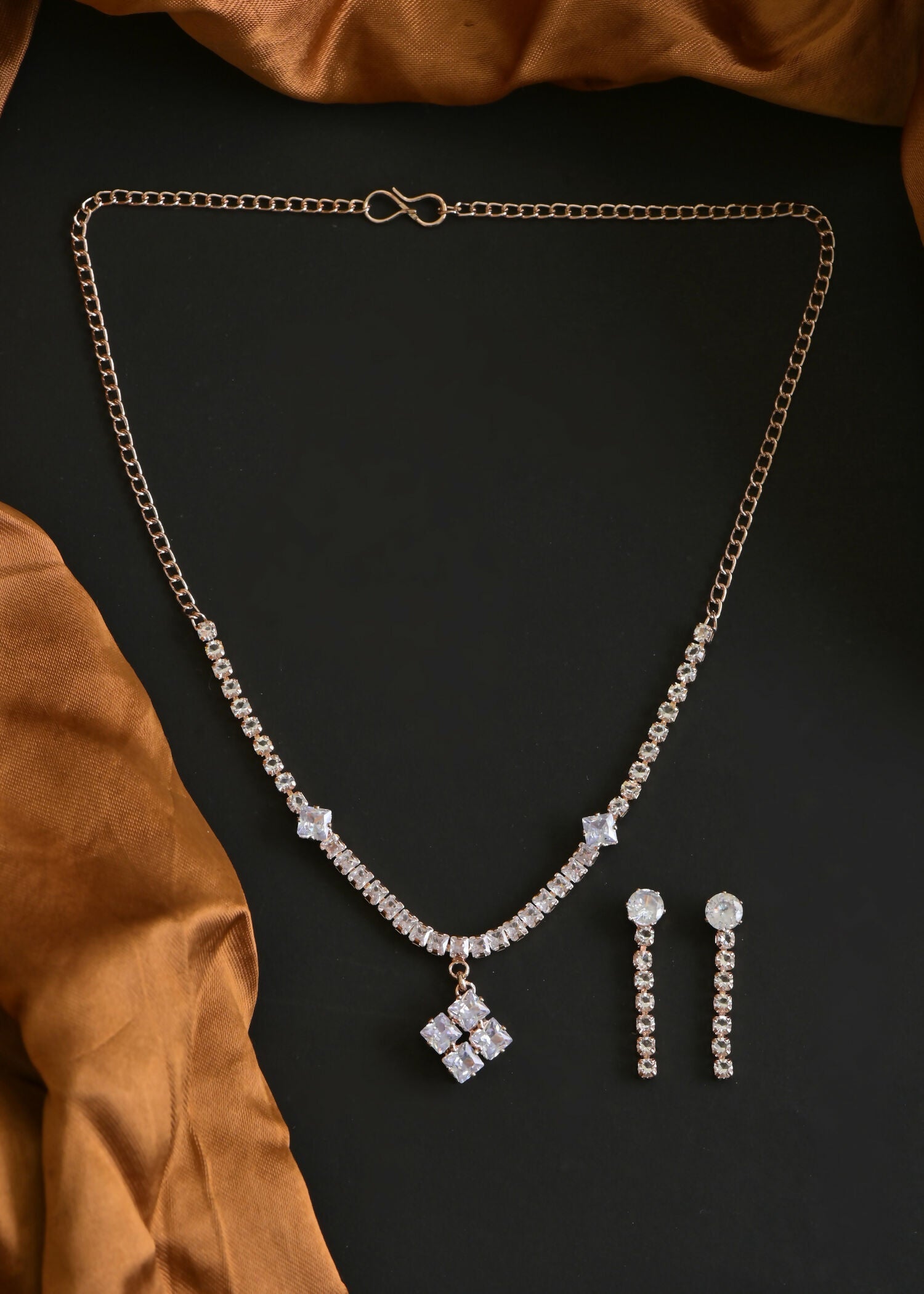 Golden White American Diamond Necklace Set with matching earrings for women