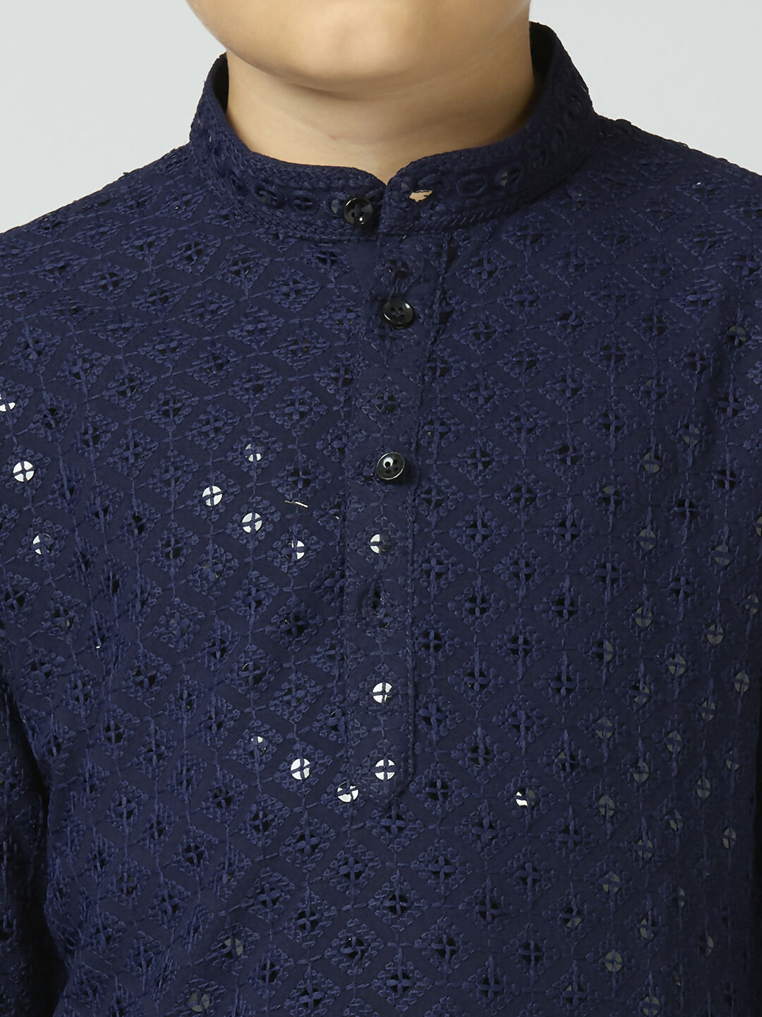 Boys Navy Blue Cotton Kurta and Pyjama Set with Sequin Embellishment