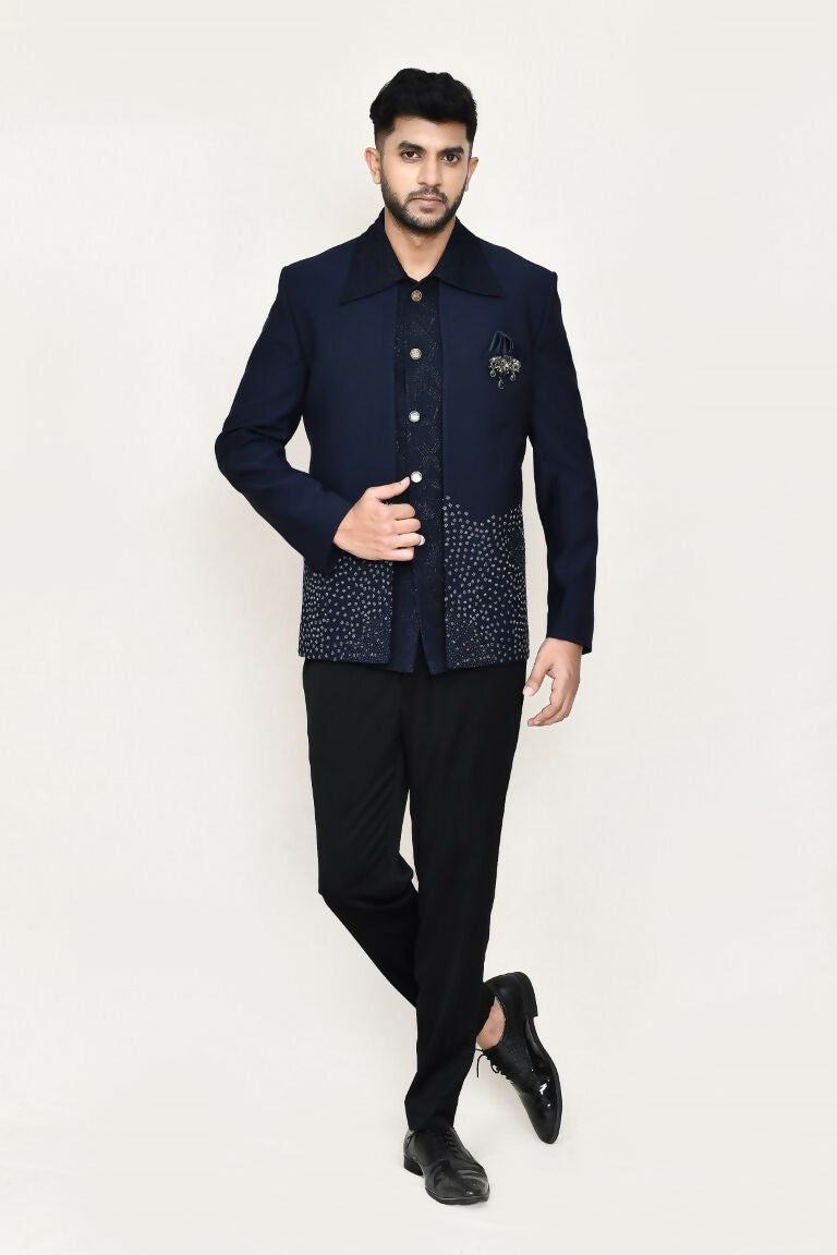 Blue Geometric Pattern Open Prince Coat with Trouser Set