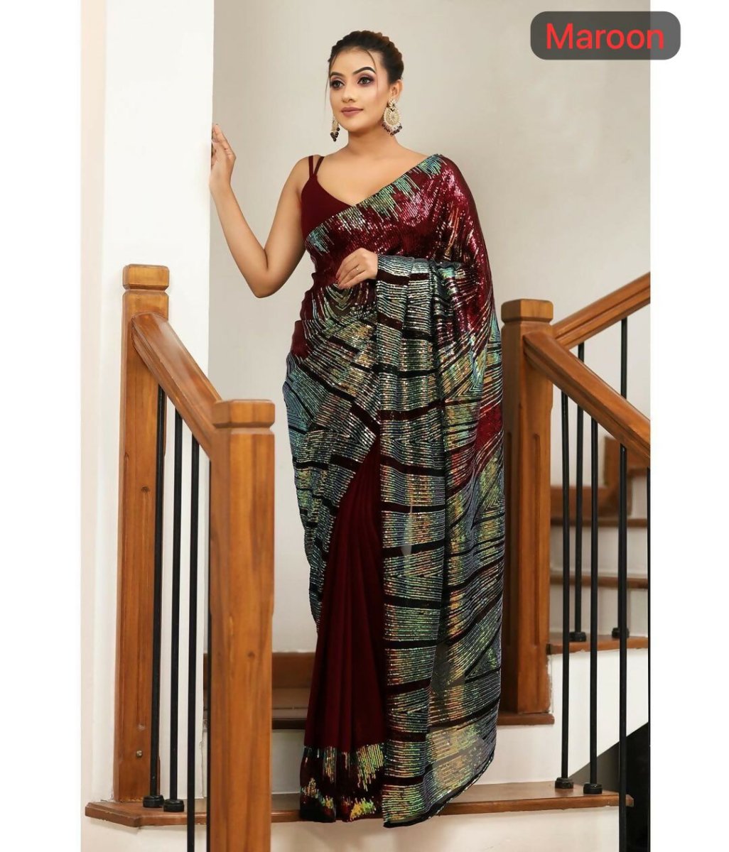 Maroon Georgette Sequin Saree with Banglori Silk Blouse