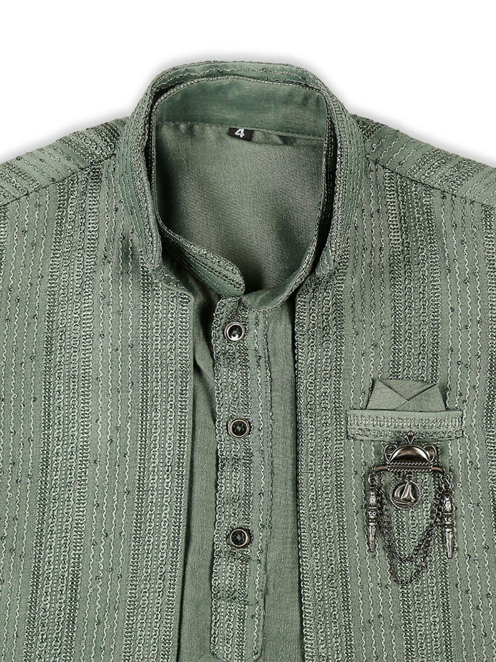 Boys Green Embroidery Sequence Kurta Pyjama with Nehru Jacket