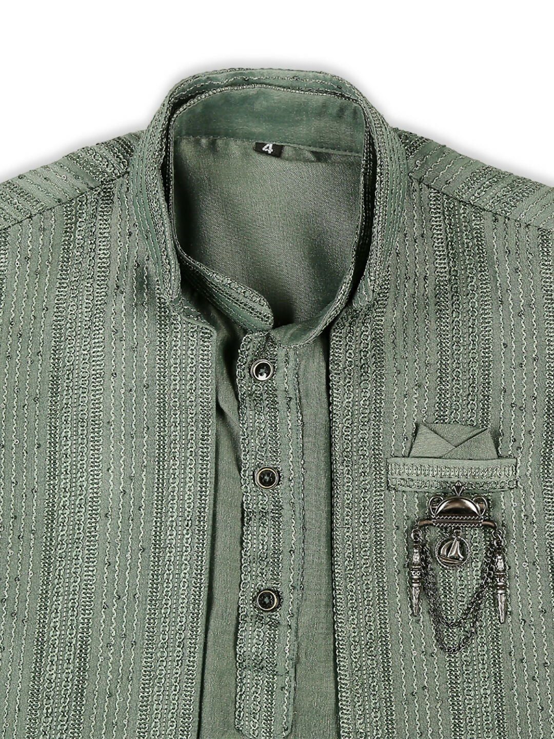 Boys Green Embroidery Sequence Kurta Pyjama with Nehru Jacket
