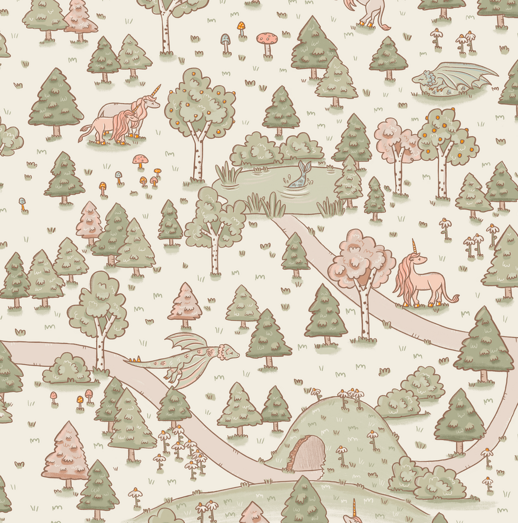 Aubrette Whimsical Storybook Wallpaper - Green, Pink & Beige
