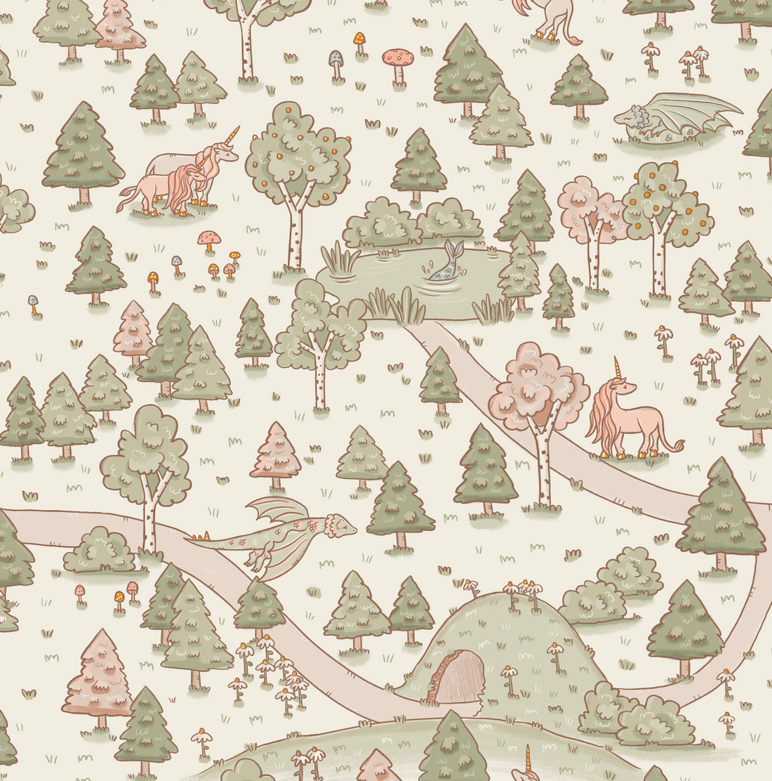 Aubrette Whimsical Storybook Wallpaper - Green, Pink & Beige
