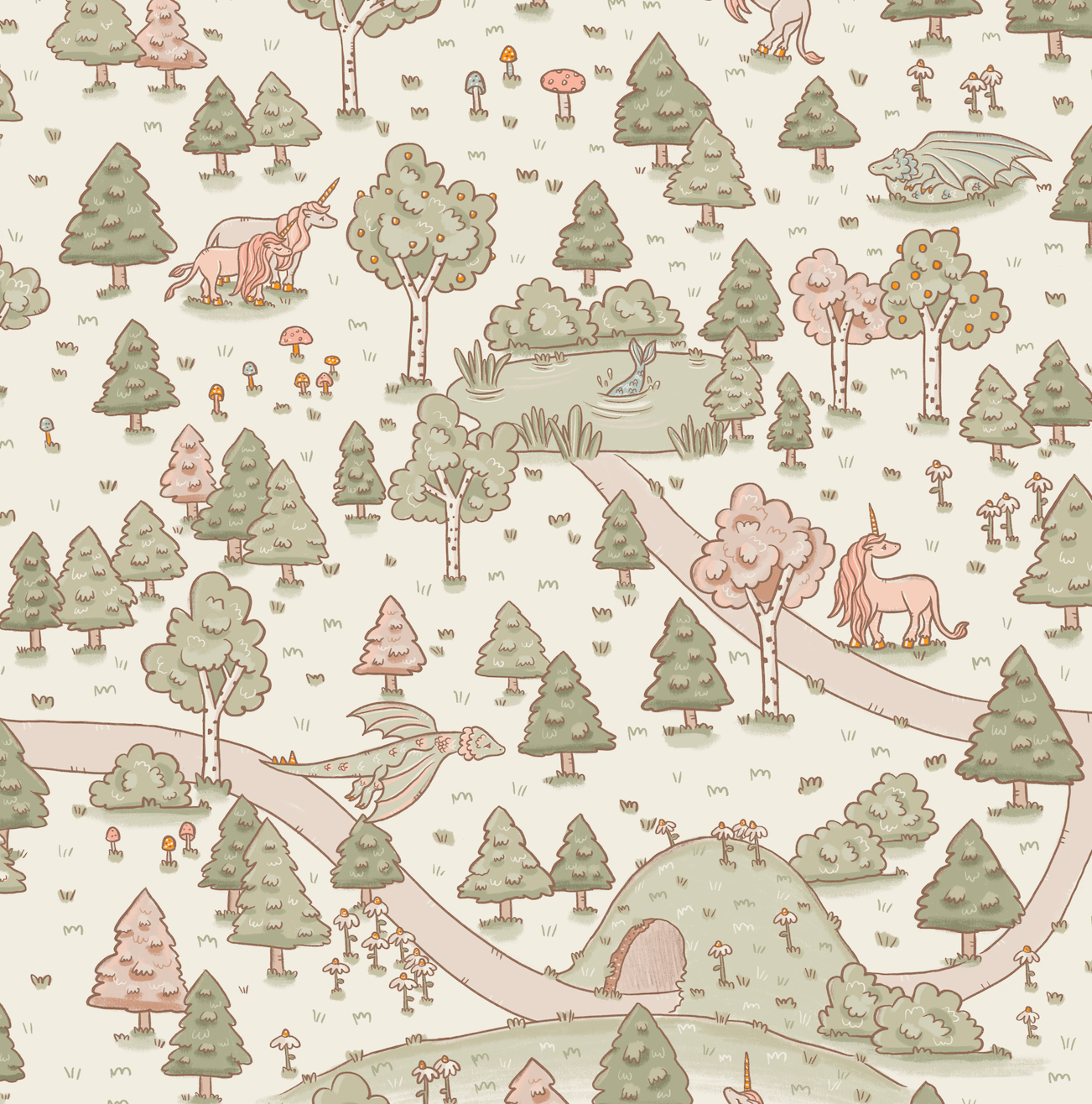 Aubrette Whimsical Storybook Wallpaper - Green, Pink & Beige