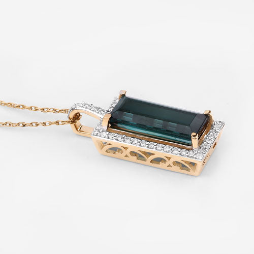4.28 Carat Genuine Green Tourmaline and White Diamond 14K Yellow Gold Pendant