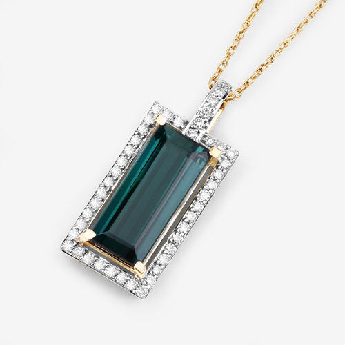 4.28 Carat Genuine Green Tourmaline and White Diamond 14K Yellow Gold Pendant