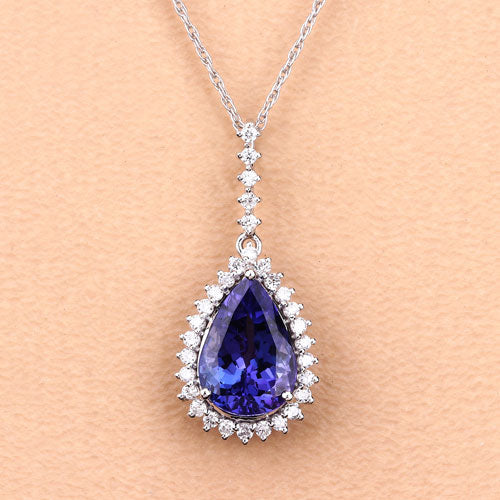 3.05 Carat Genuine Tanzanite and White Diamond 14K White Gold Pendant