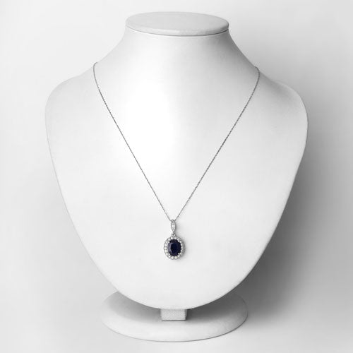3.38 Carat Genuine Blue Sapphire and White Diamond 14K White Gold Pendant