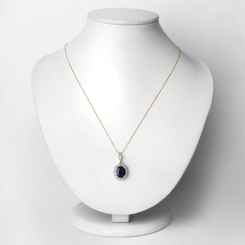 3.38 Carat Genuine Blue Sapphire and White Diamond 14K Yellow Gold Pendant