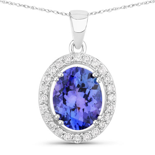 3.21 Carat Genuine Tanzanite and White Diamond 14K White Gold Pendant