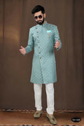 Green woven jacquard kurta with polo style pyjama for boys