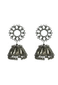 Silver-plated jhumka earrings with traditional mirror work design.