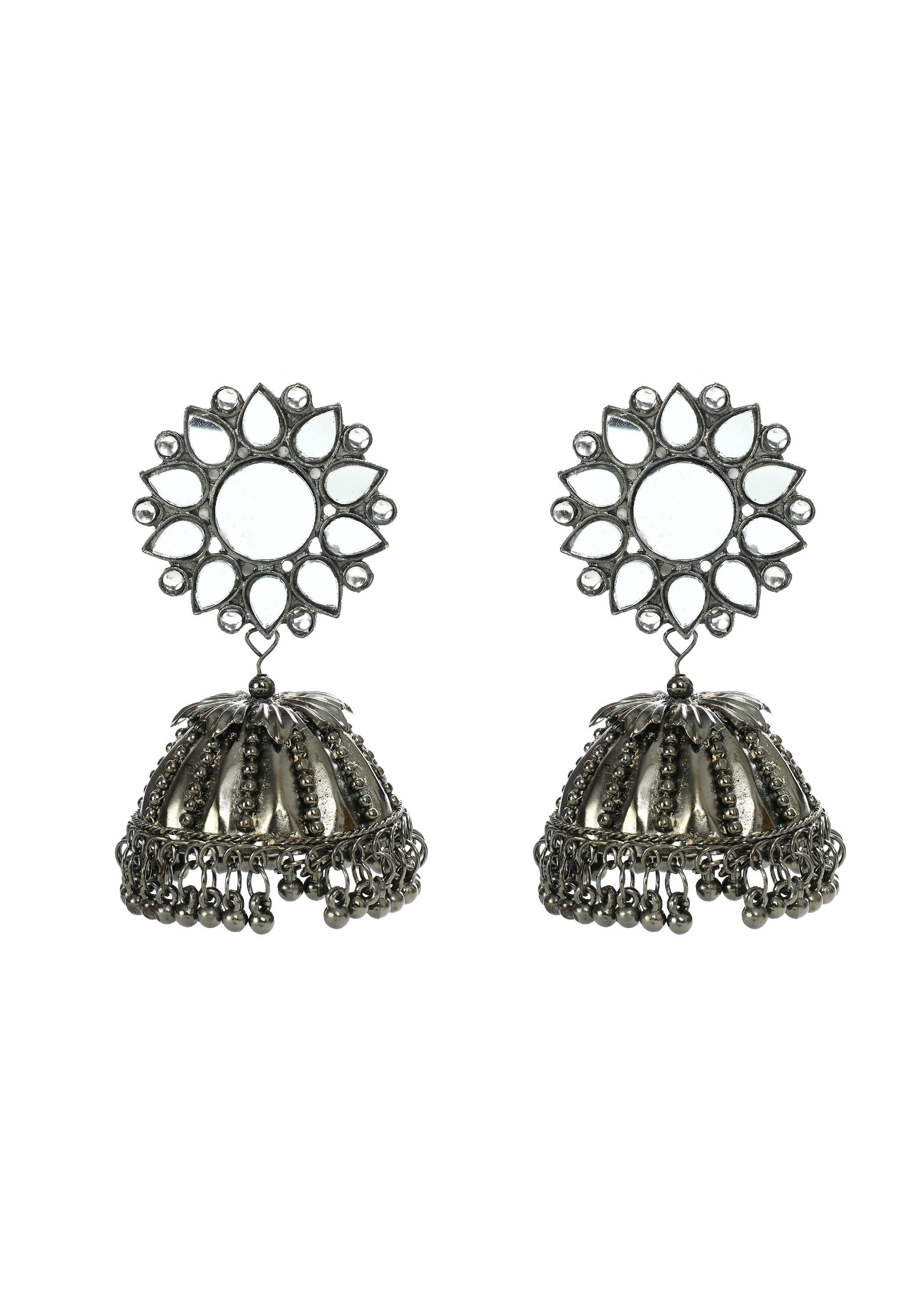 Silver-plated jhumka earrings with traditional mirror work design.
