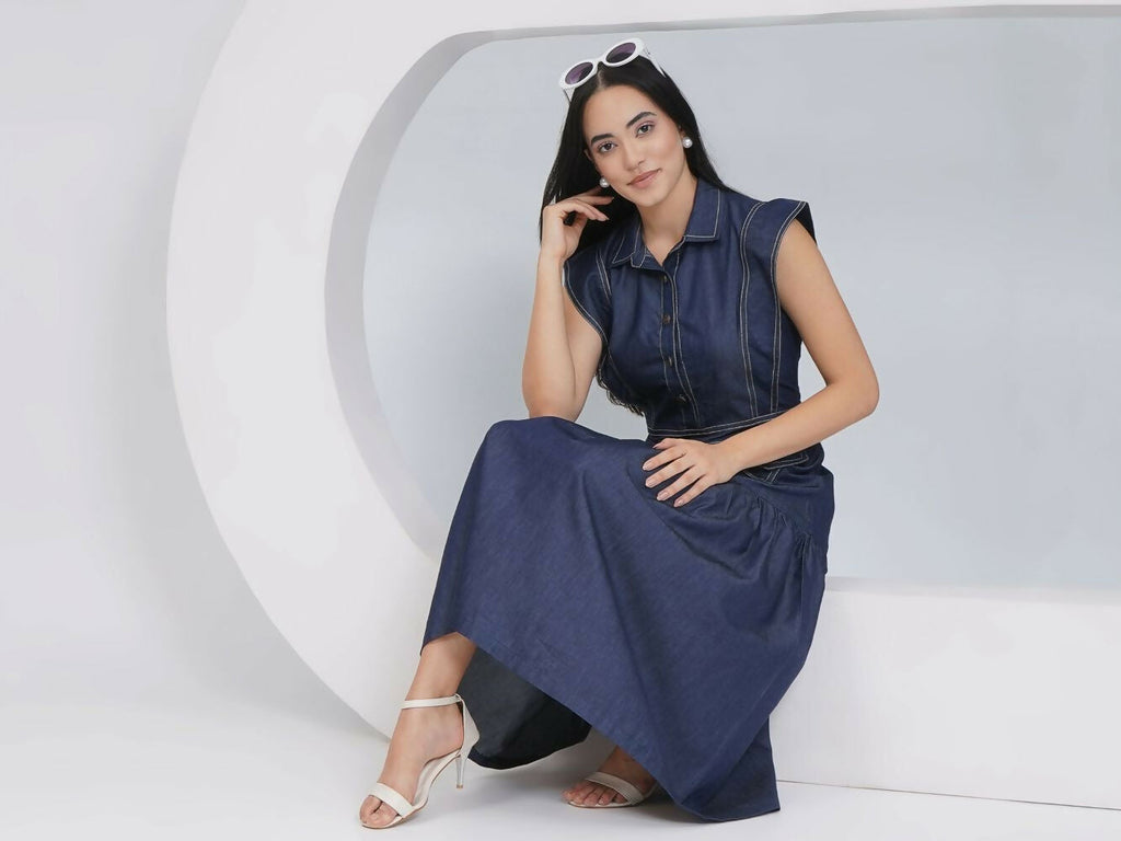 Blue Denim Midi Dress with Sleeveless A-Line Silhouette
