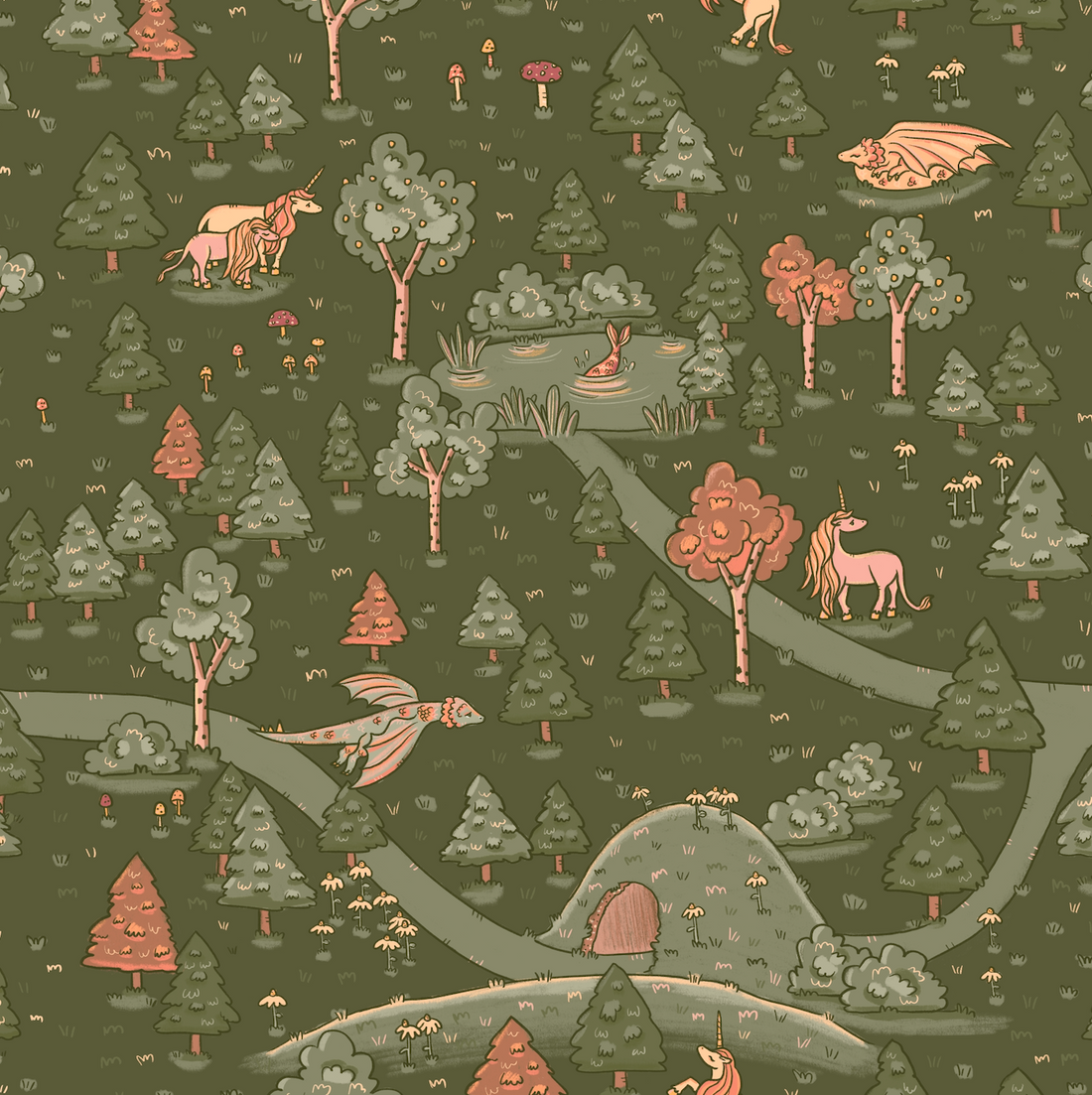 Aubrette Whimsical Storybook Wallpaper - Green, Pink & Beige