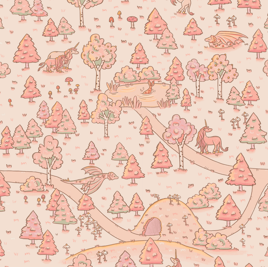 Aubrette Whimsical Storybook Wallpaper - Green, Pink & Beige