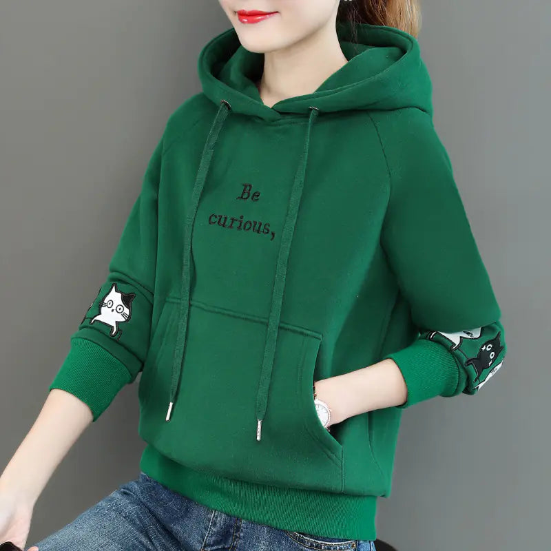 Women's Fleece-Lined Graphic Hoodie with Cat Print Details - Image 9