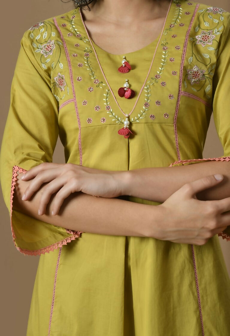Mehendi Cotton Kurta Set with Organza Dupatta - 3-Piece Set