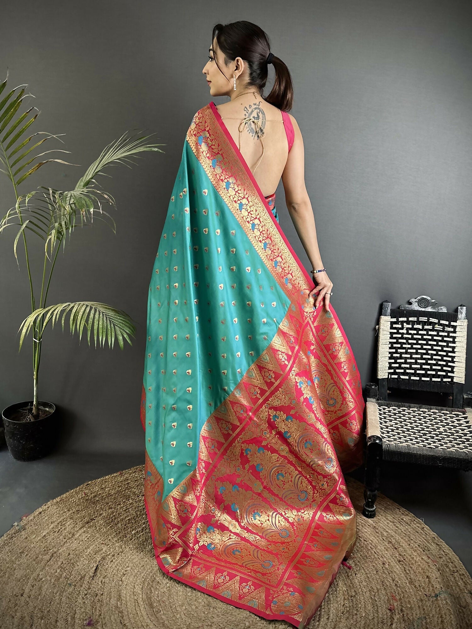 Teal Blue Soft Silk Banarasi Saree with Intricate Motifs