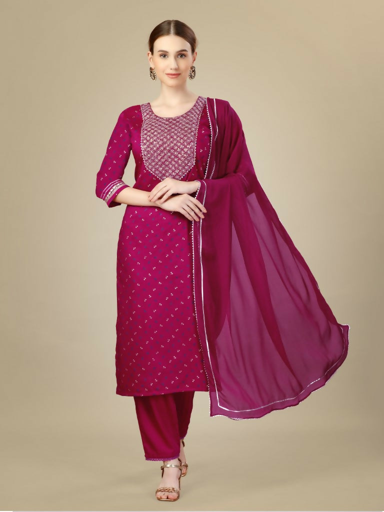 Rani pink silk blend straight kurta set with intricate embroidery and sequence work, including trousers and dupatta