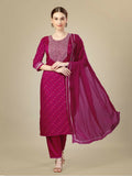Rani pink silk blend straight kurta set with intricate embroidery and sequence work, including trousers and dupatta