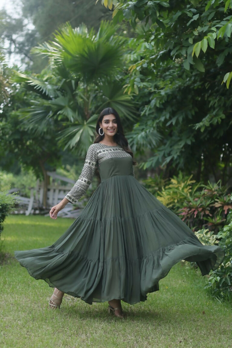 Mehendi Green Sequins Zari Embroidered Faux Georgette Anarkali