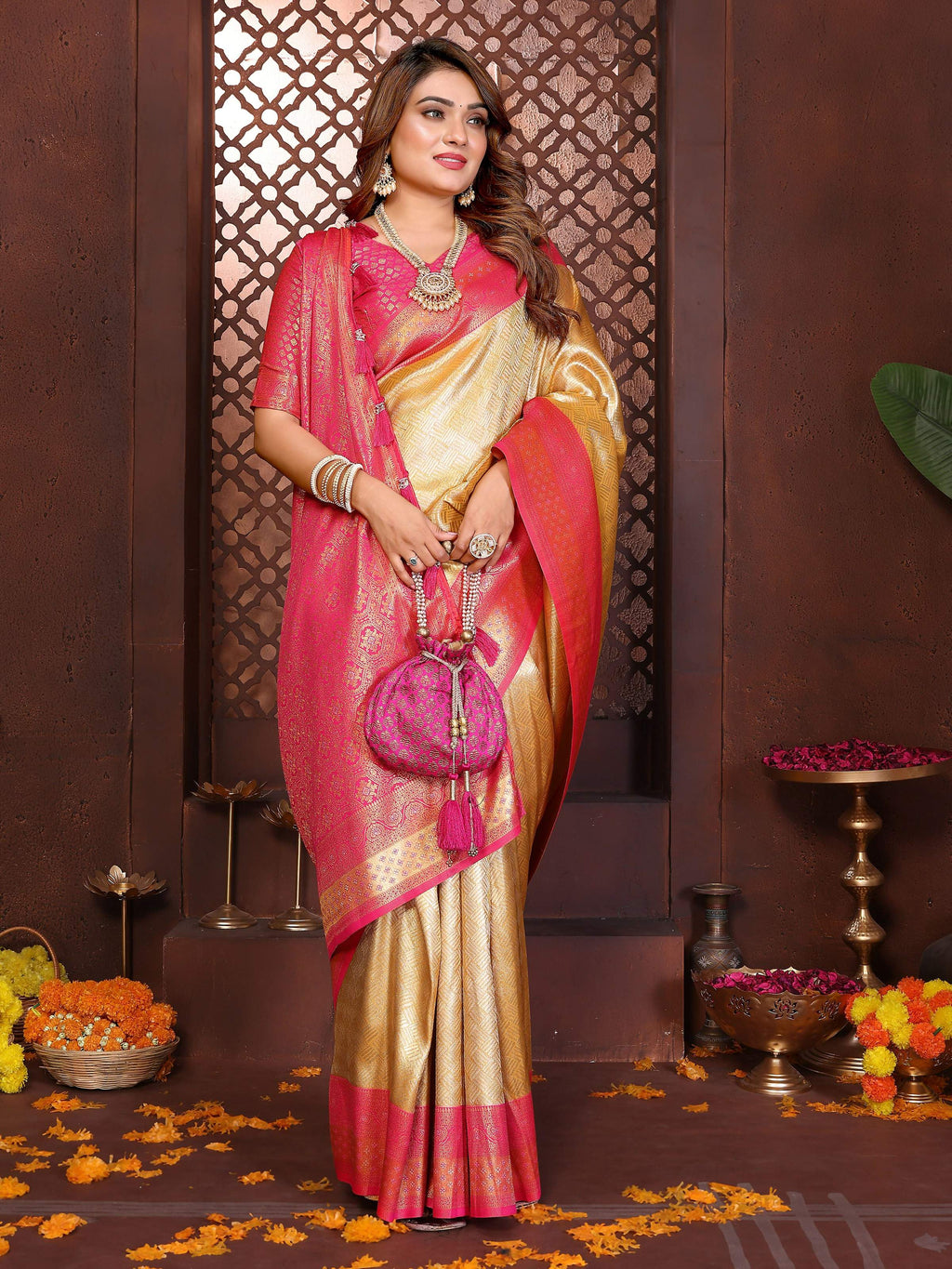 Cream Tissue Silk Woven Saree for Elegant Traditional Occasions