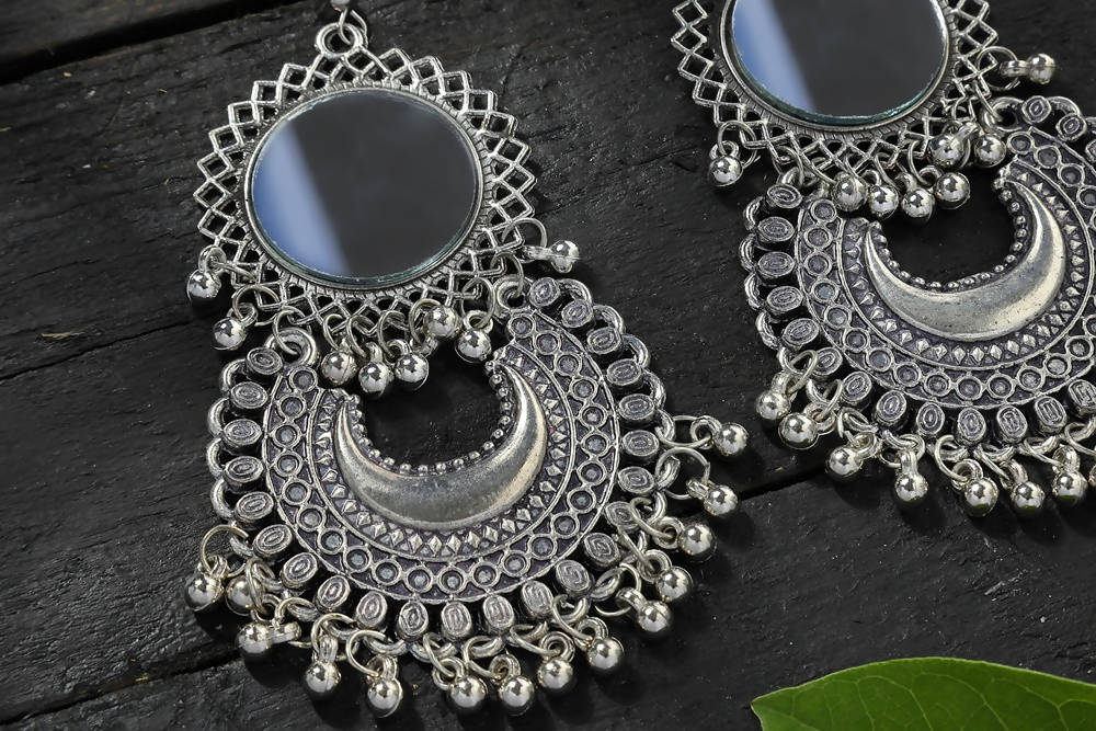 Oxidised silver Chandbali earrings with mirror work details for women