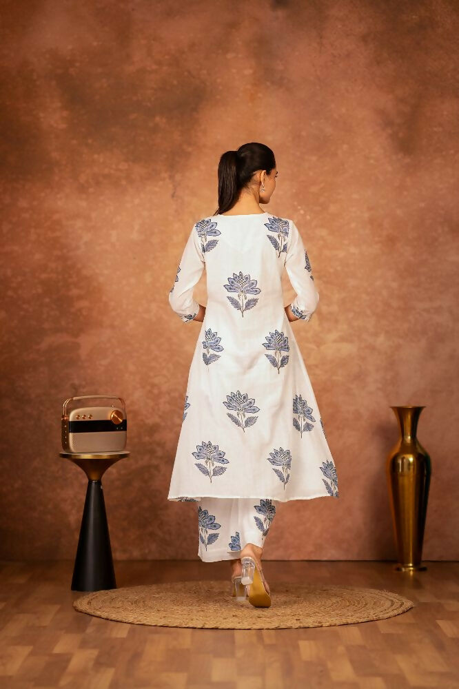 Off White and Blue Hand Block Printed Cotton Suit Set