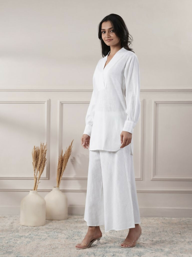 Women's White Cotton Top and Flared Pants Two-Piece Co-ord Set