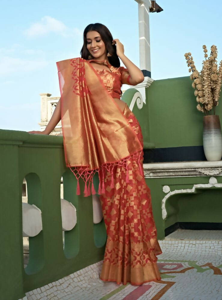 Light Tomato Red Organza Silk Saree with Elegant Weaving