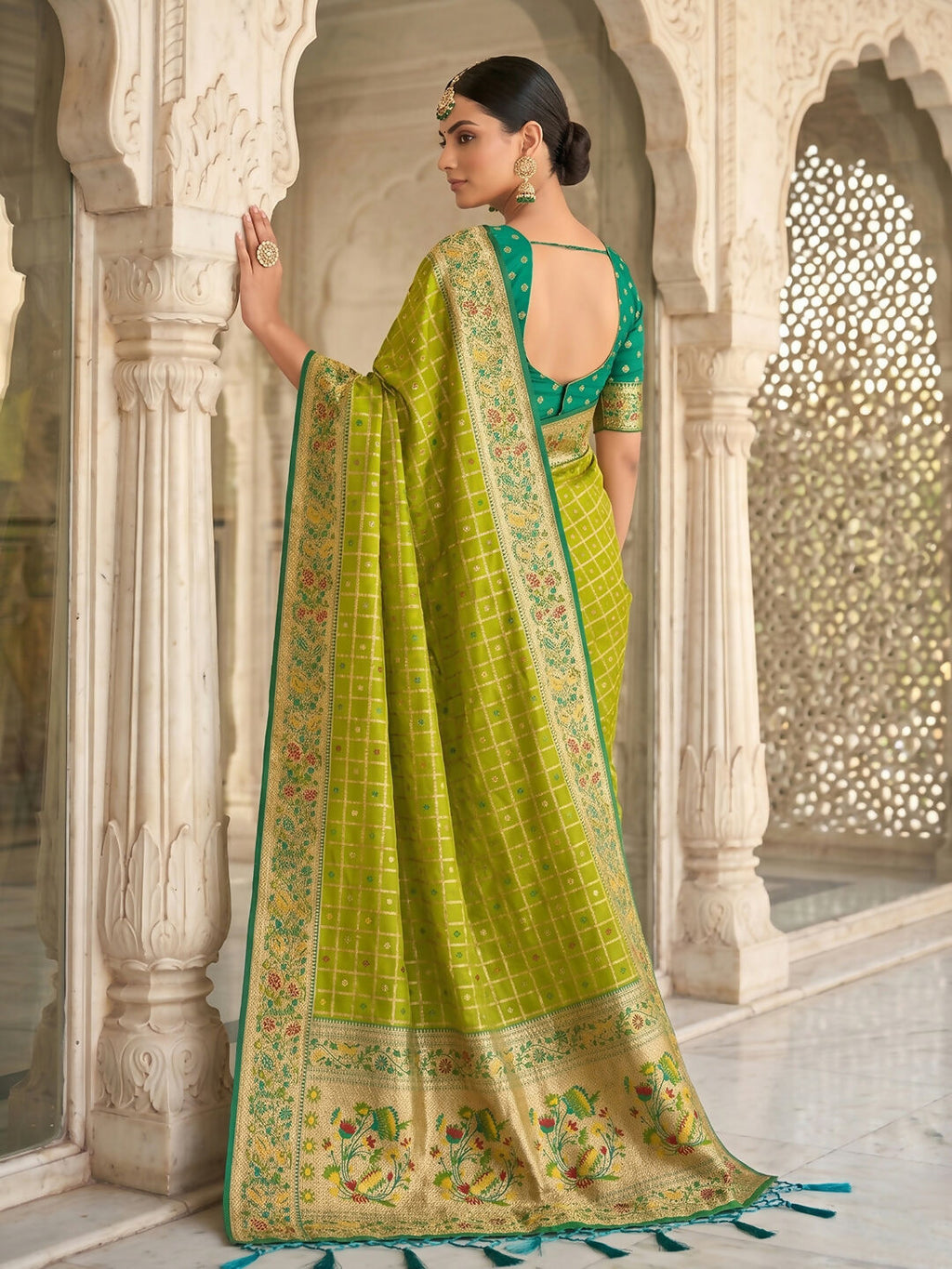 Green Banarasi Silk Blend Traditional Saree with Matching Blouse