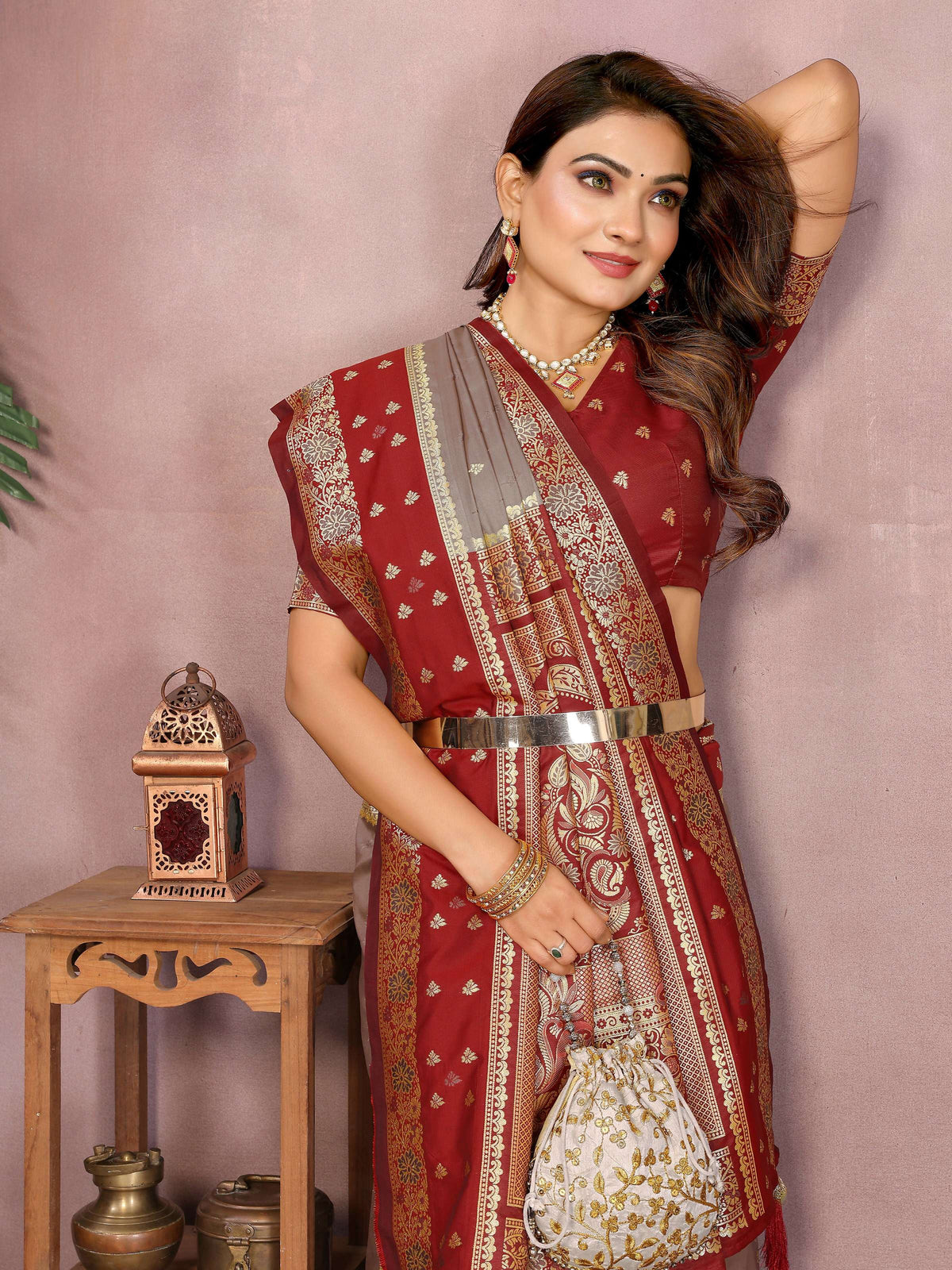 Grey Kalamkari Silk Saree with Zari Woven Border and Red Blouse