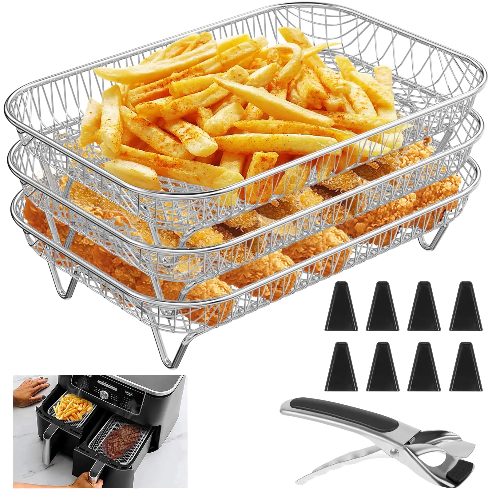 Air Fryer Rack Accessories for Ninja Basket 3 Layers 304 Stainless Steel Stackable Bacon Air Fryer Accessories for Ninja AF300UK Salter/Instant/EMtronics Double Drawer with Clip