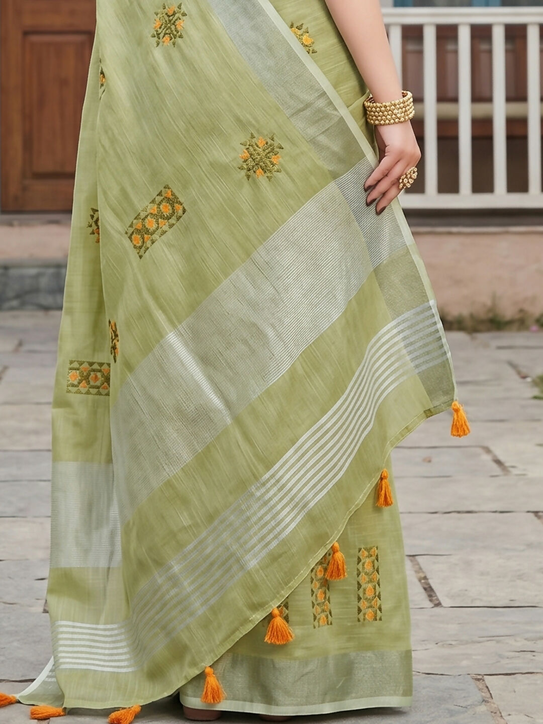 Pista Green Linen Saree with Matching Linen Blouse Piece